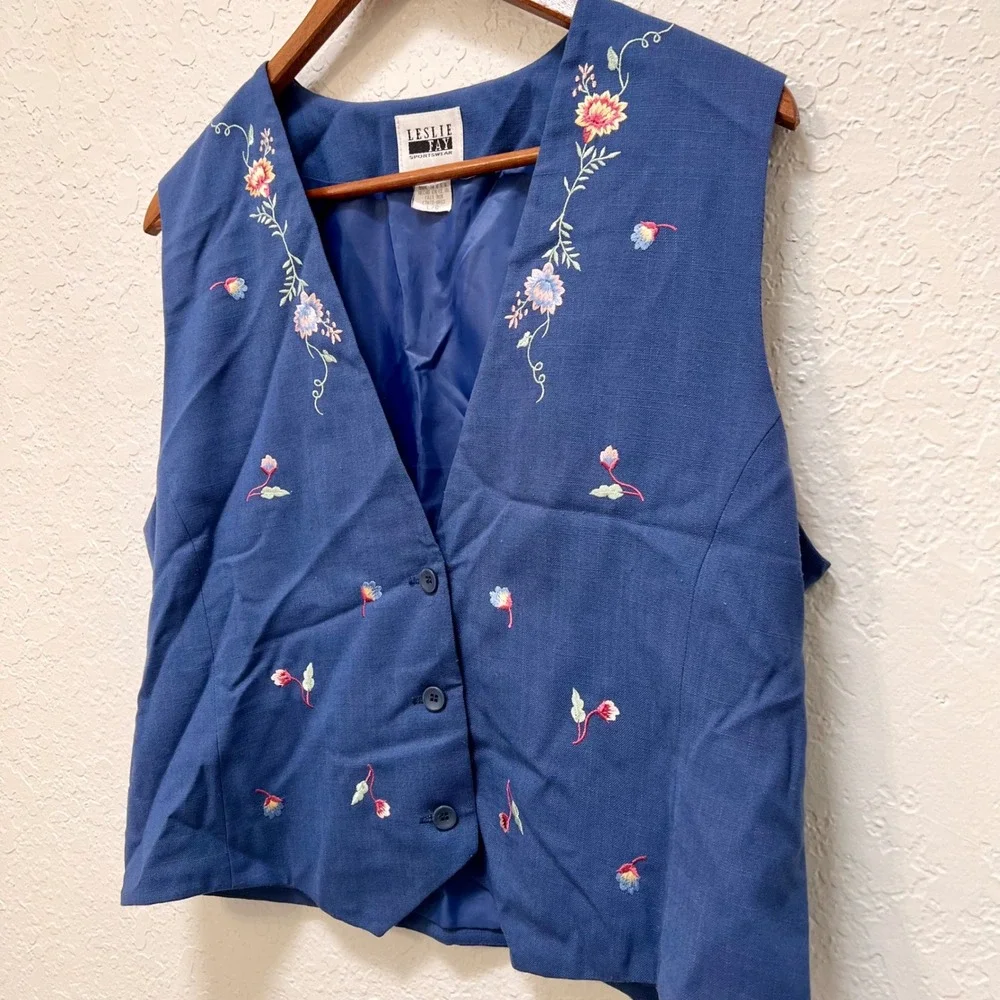 Leslie‎ Fay VTG Blue Embroidered Vest and Skirt Set Large Grandmacore 90s USA